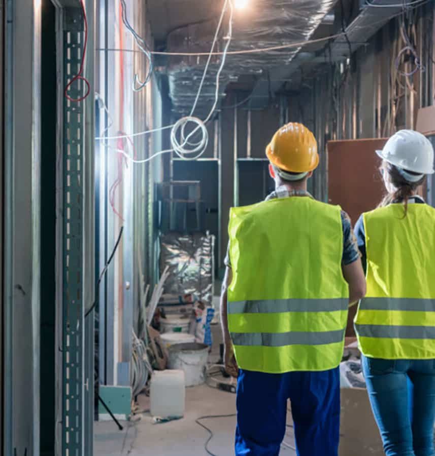 Man and Woman in hi-vis vests and hardhats in construction zone